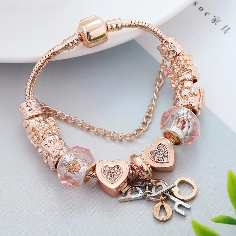 Pulsera de bricolaje chapada en oro rosa caliente para mujer Pulsera de cristal de corazón de lujo Diseñador de marca Joyería con dijes Diseño clásico Pulseras de cadena colgantes al por mayor