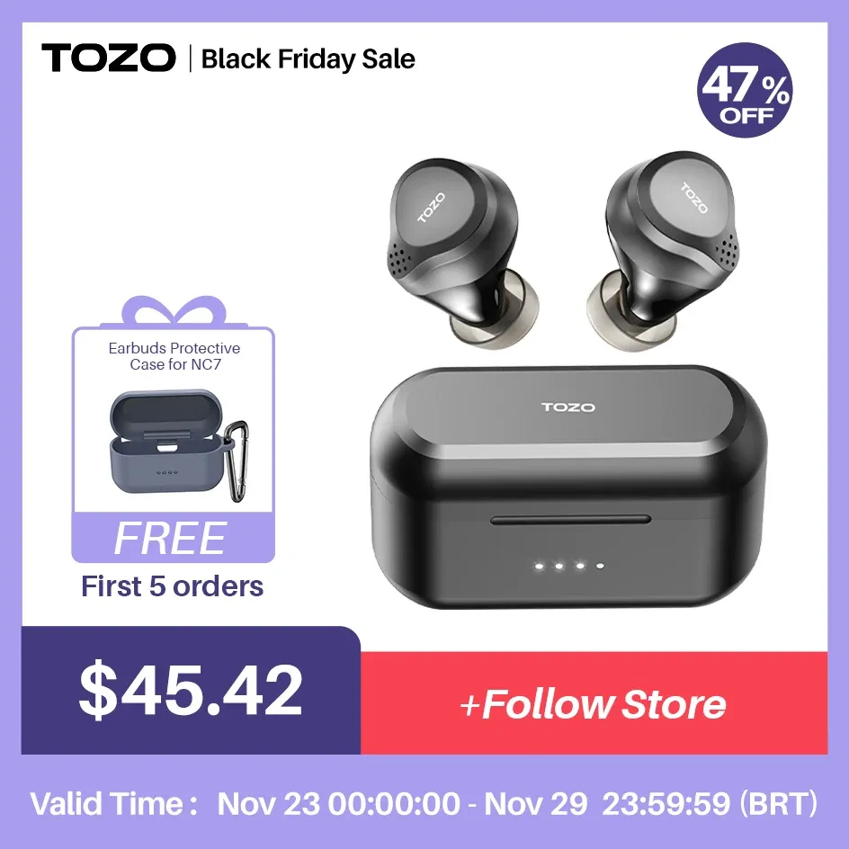 헤드폰 TOZO NC7 하이브리드 활성 소음 취소, 무선 이어 버드, 강력한 사운드 커스텀 22 EQ, 72H 플레이 타임이 포함 된 Bluetooth 이어폰