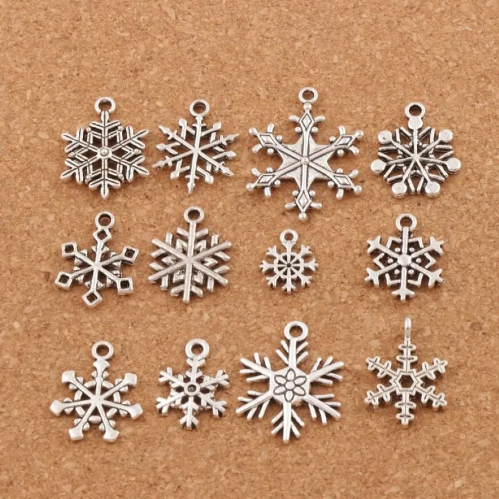 Christmas MIXED Snowflake Charms 120pcs lot Antique Silver Pendants Jewelry DIY L770 L738 L1607 L742 Fit Bracelets Necklaces LM382716