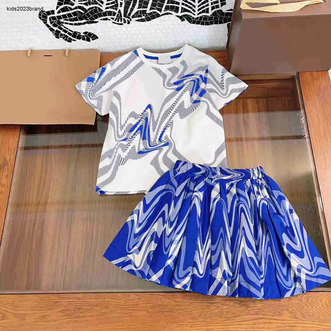 New kids dress sets child tracksuits baby girl clothes Size 100-160 CM Blue striped print Short sleeved shirt and Khaki short skirt 24Feb20