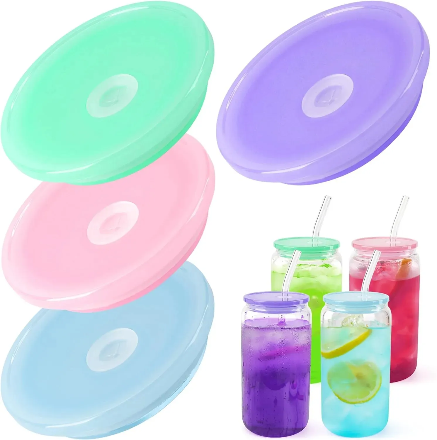 Replaceds Colored Plastic Lids for 16oz Glass Tumbler Covers Blank Clear Frosted Glass Mason Jar Libby Can Cooler Cola Beer Food Cans