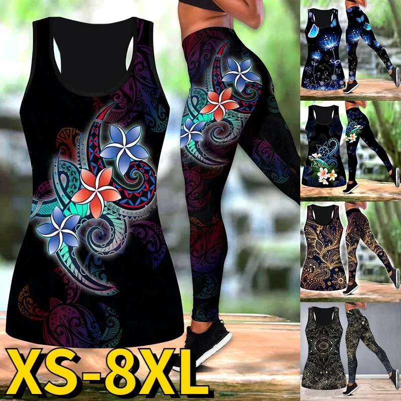 Kläder 2023 Spring Printing High midja andningsbara kvinnors aktivkläder Set Yoga kostym Yoga Set 2 -stycken Leggings Tank Top Yoga Fitness Gym