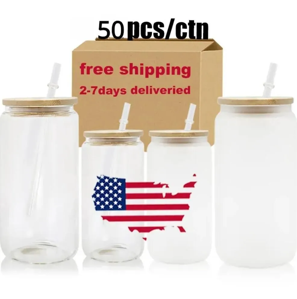 12oz 16oz Becher Sublimation Klarglasbecher 16oz Dosenförmiger Weinbecher Bambusdeckel Cocktailbecher Eis Cola Glas Home Straw