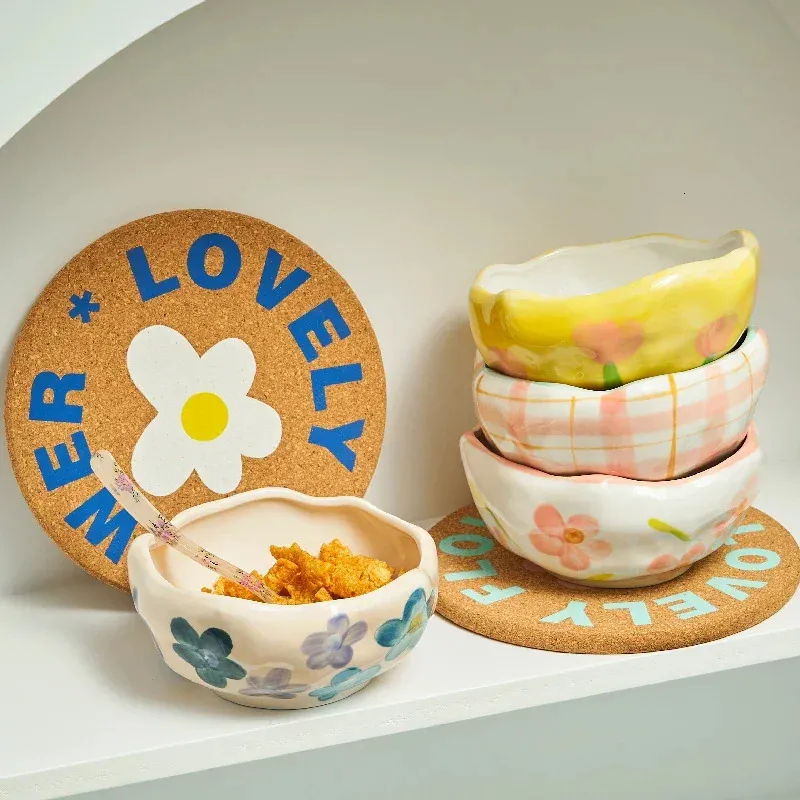 Creative hand pinched irregular ceramic bowl ins style girl heart lovely dessert yogurt bowl breakfast oatmeal birds nest bowl 240223