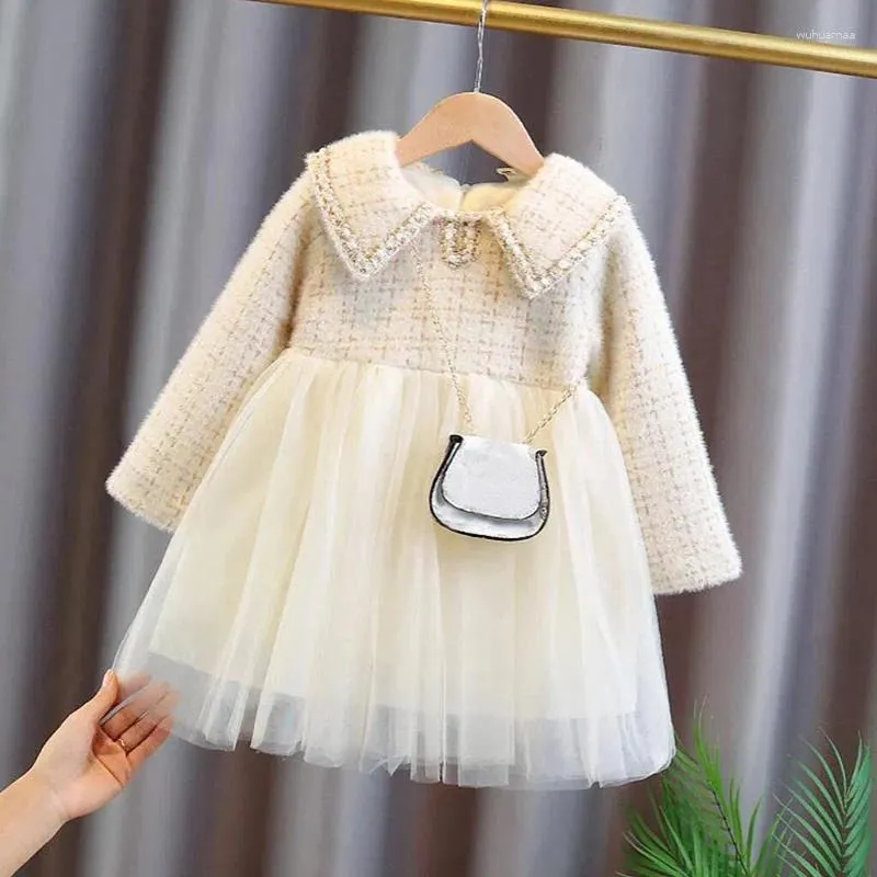 Girl Dresses Kids Girls Winter Plus Velvet Thicken Dress For Children's Clothing Woolen Warm A-line Mesh Tutu Baby Princess 2024