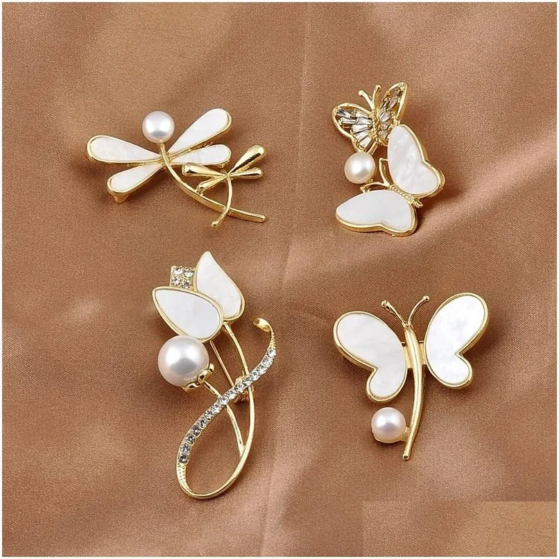 Pins Broches Mode Perle Naturelle Papillon Fleur Broche Femmes Mignon Haute Qualité Libellule Pins Vêtements Dame Bijoux Décoratifs Dhq6N