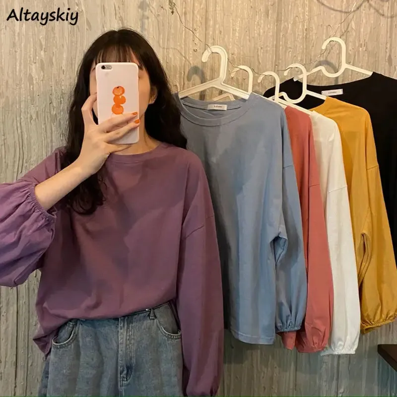 Solid Long Sleeve T-shirts Women Basic Tops Lantern-sleeve Baggy Tshirts O-neck Preppy Style Casual Candy Colors Korean Fashion 240228