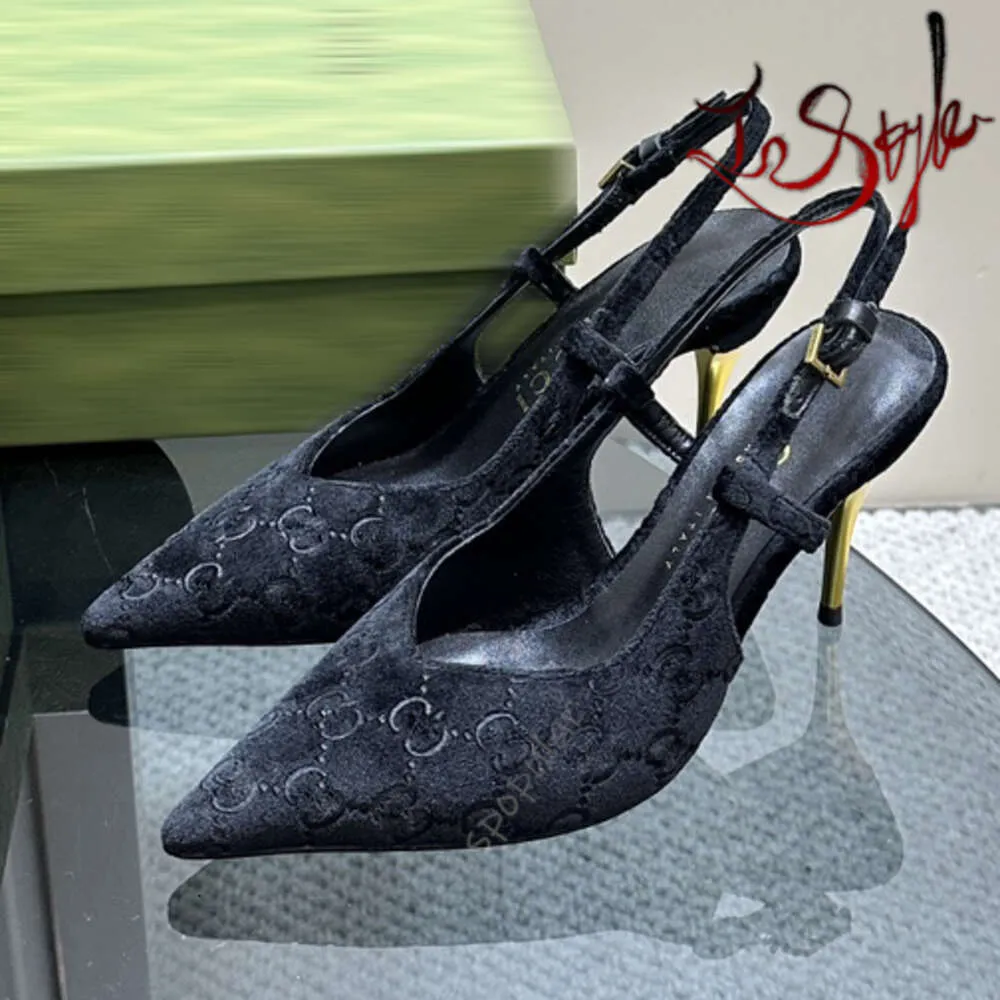 Slingback klackar designer sandaler svarta g skor hög 10,5 cm festpump för kvinnors sexiga spetsiga tår ankel rem Stiletto Priscilla klänningskor Sockan storlek EUR 35-41