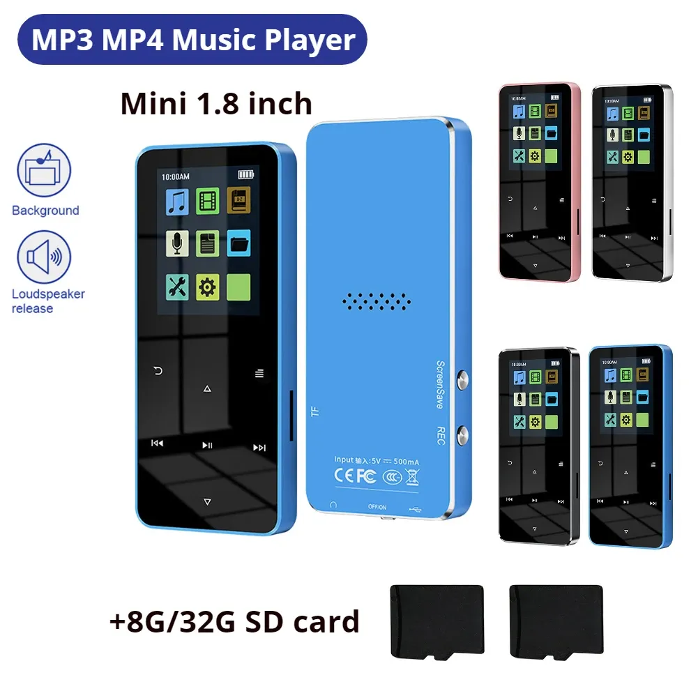 Player Mini 1,8 tum Metal Touch MP3 MP4 Musik Player Bluetooth 5.0 HIFI Player Walkman FM Radio Video Play med 8/32 GB -kort e -bok