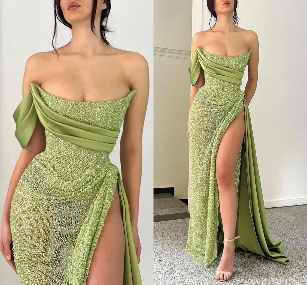 Elegante verde oliva dividir vestidos de noite sexy sem costas spagehtti cintas sereia vestidos de baile com brilho contas lantejoulas bc18281