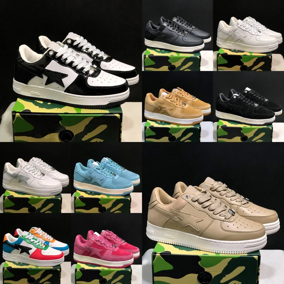 Casual Designer Shoes Men Women Low Patent Leather Camouflage Skateboarding Jogging Trainers Sneakers Lace-Up Unisex Size 36-45
