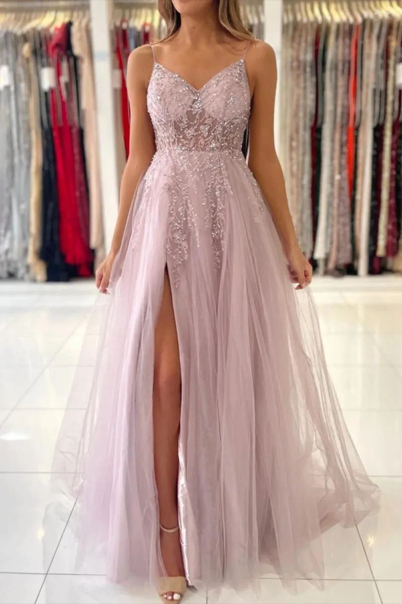 Party Dresses Spaghetti Strap Sparkly Sequined Beadings Evening For Women 2024 Pink Soft Tulle Gown High Split A Line Sleeveless