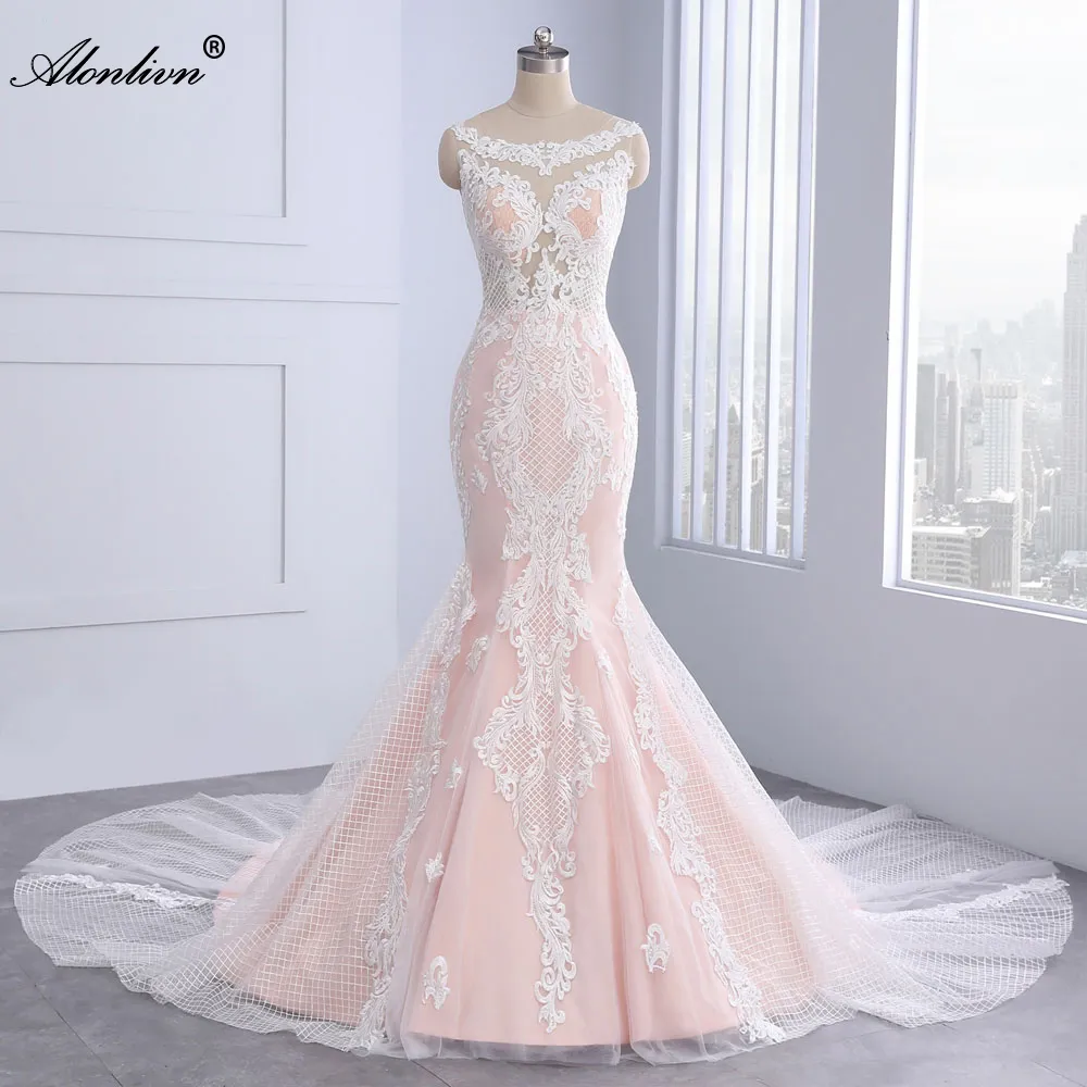 Robe de mariée sirène colorée romantique avec des Appliques de grille en dentelle Scoop trompette robes de mariée avec bouton