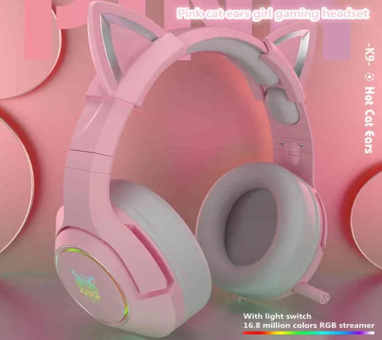 Nouveau produit k9 rose chat oreille belle fille casque de jeu avec microphone enc réduction du bruit haute fidélité 71 canaux rgb heads3887122