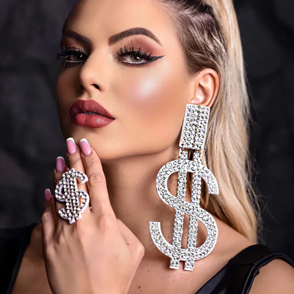 Novelly Strass Super Large Dollar Icon Ciondolo Orecchini pendenti per ragazza Orecchini pendenti con dichiarazione geometrica in cristallo Accessori 240223