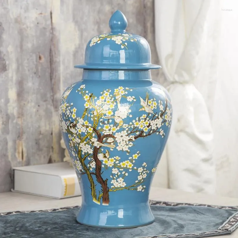 Bottiglie Vaso del tempio cinese Uccello e fiore Coperchio in ceramica Fiore di prugno Pittura Vaso di zenzero El Decorazione domestica Colore blu