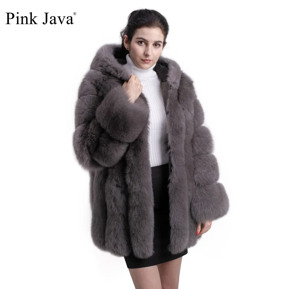 ロックピンクJava QC8149 2018 New Model Women Real Fox Fur Coat Long Sleeves Hood Coat本物のキツネの衣装高品質