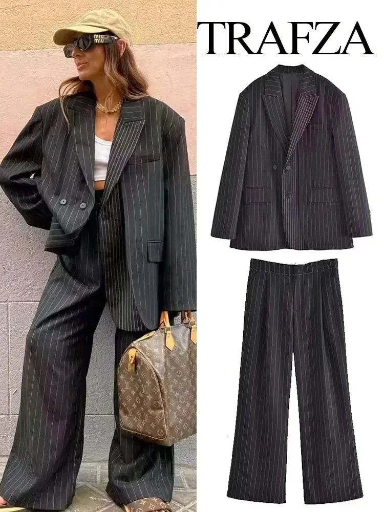 TRAFZA 2024 Woman Autumn Oversize Coat Suit Office Women Blazer Elegant Outerwear Jackets Women Striped Blazer Outfits Jacket 240219