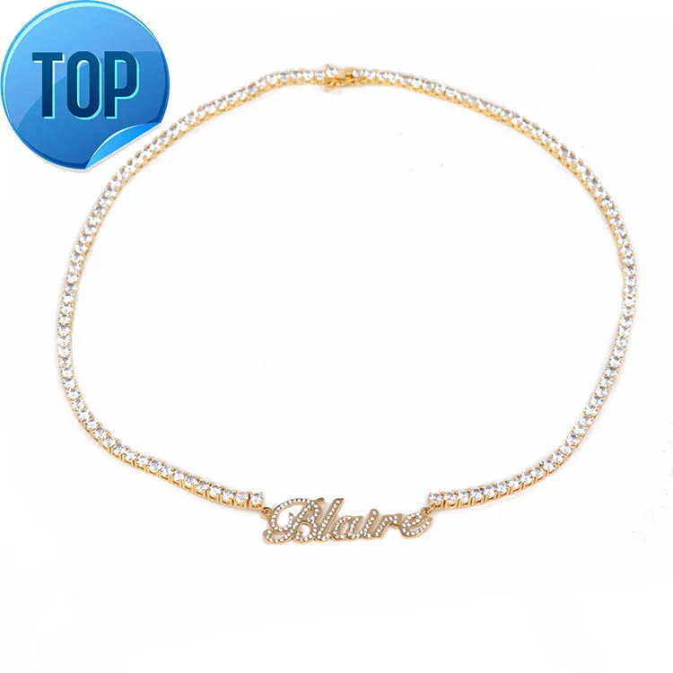 Anpassad guldpläterad smycken rostfritt stål Personligt namn Moissanite Tennis Chain Diamond Necklace
