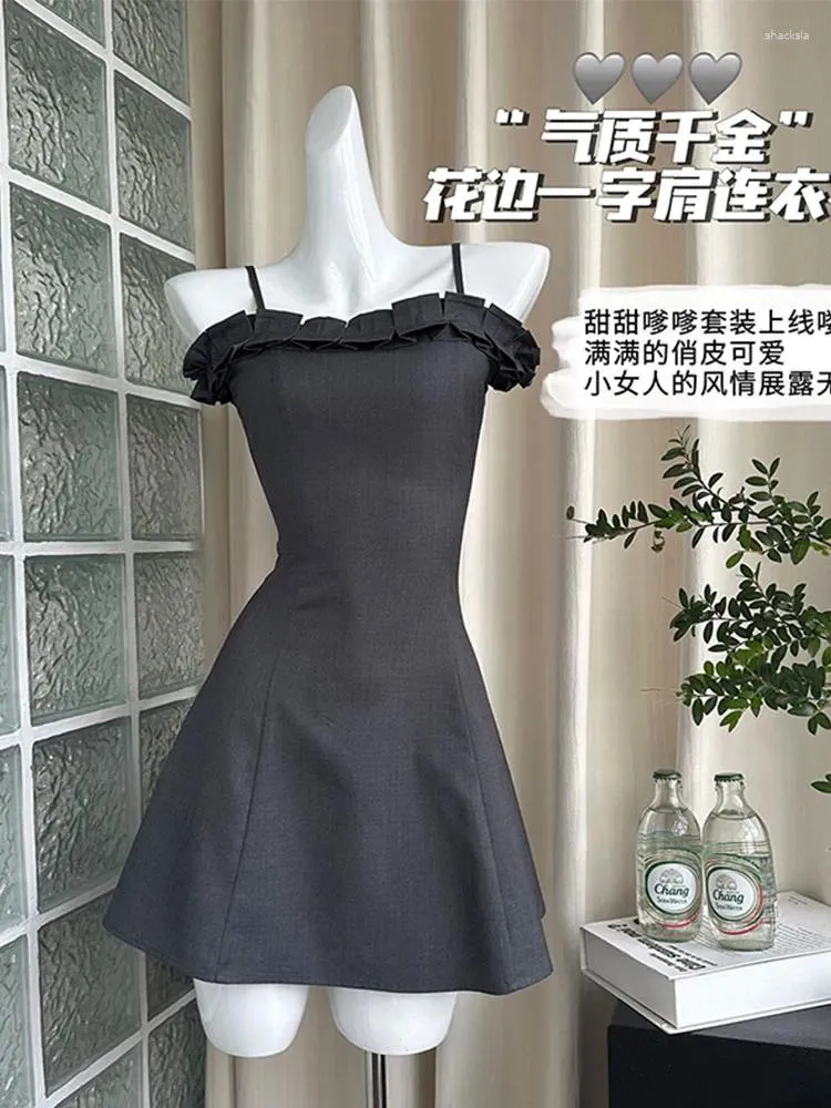 Casual Dresses Design Grey A-Line Dress Elegant Sexy Kpop Frocks Prom Gown Women Simple Streetwear Spaghetti Strap Banquet Party Y2K