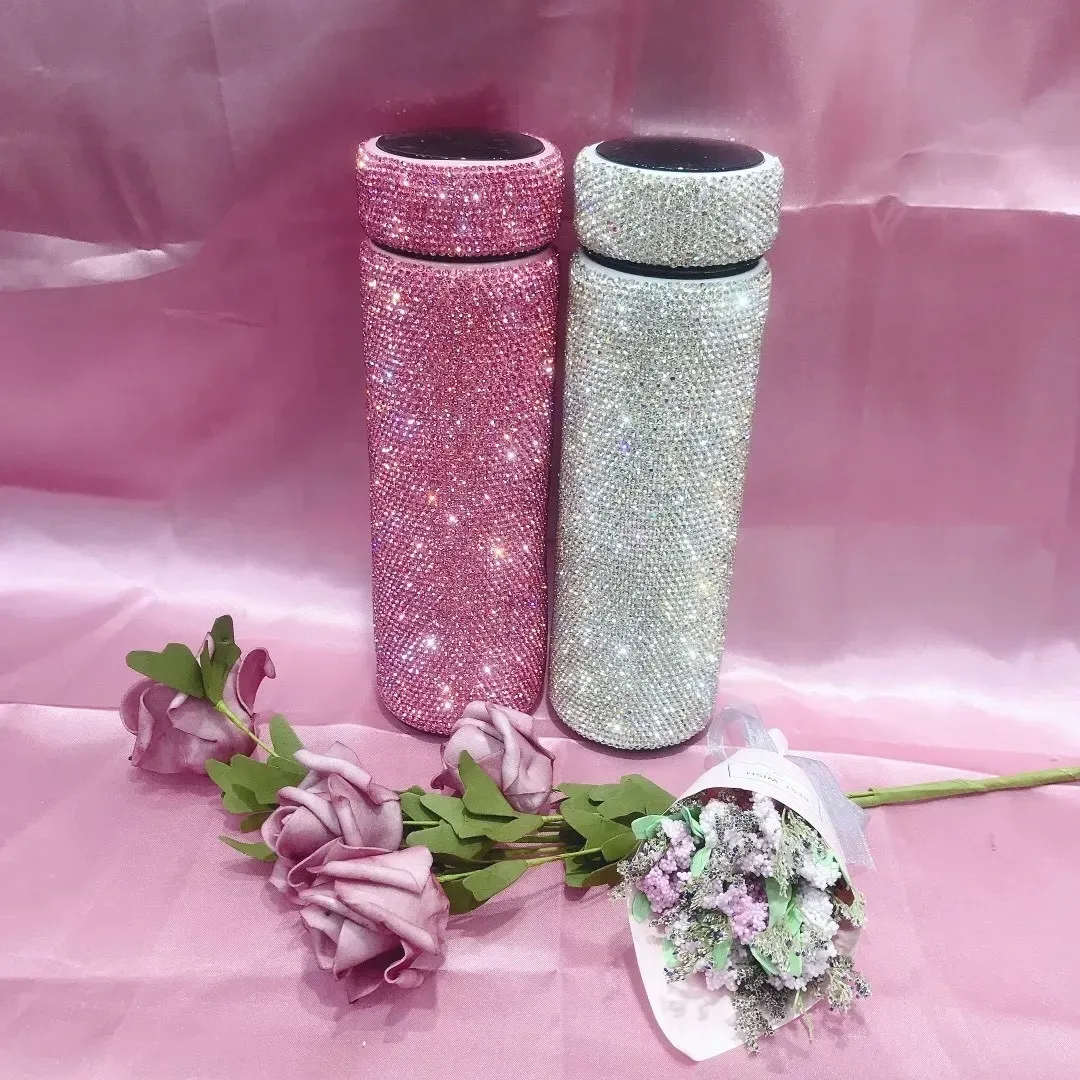 Full Rhinestones Flask with Temperature Dispaly Hot Water Thermos Stainless Steel Sparkling Insulated Cup Custom Water Bottle 201126