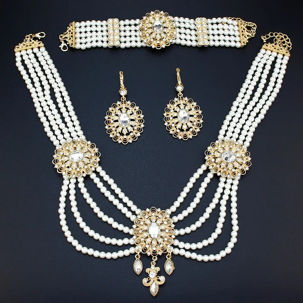 Guldfärg Marocko Luxuriant Bride Wedding Jewelry Set Pearl Beaded Necklace Earring Armband för kvinnor 240220