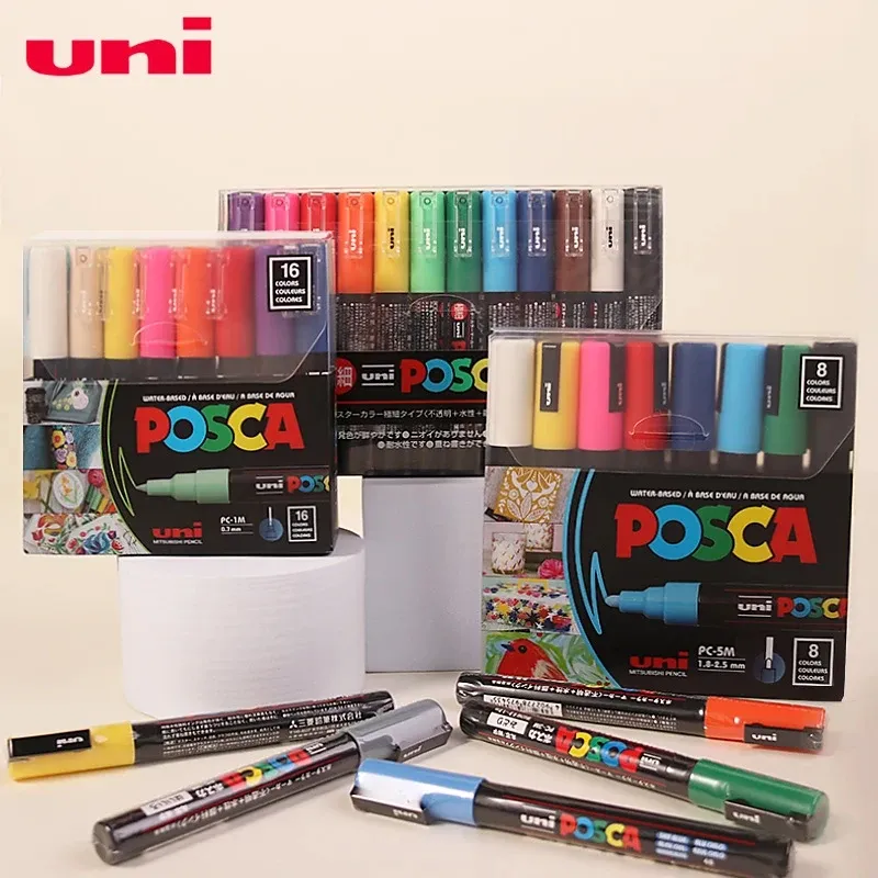 Markörer Ny uni POSCA Marker Pen Set, Acrylic PC1M 3M 5M 8K 17K 7/8/15/16 Färger Rotulador Permanente Pop Poster Advertisement Plumones