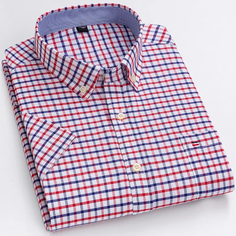 Mens Oxford Short Sleeve Square Collar Soild Plaid Striped
