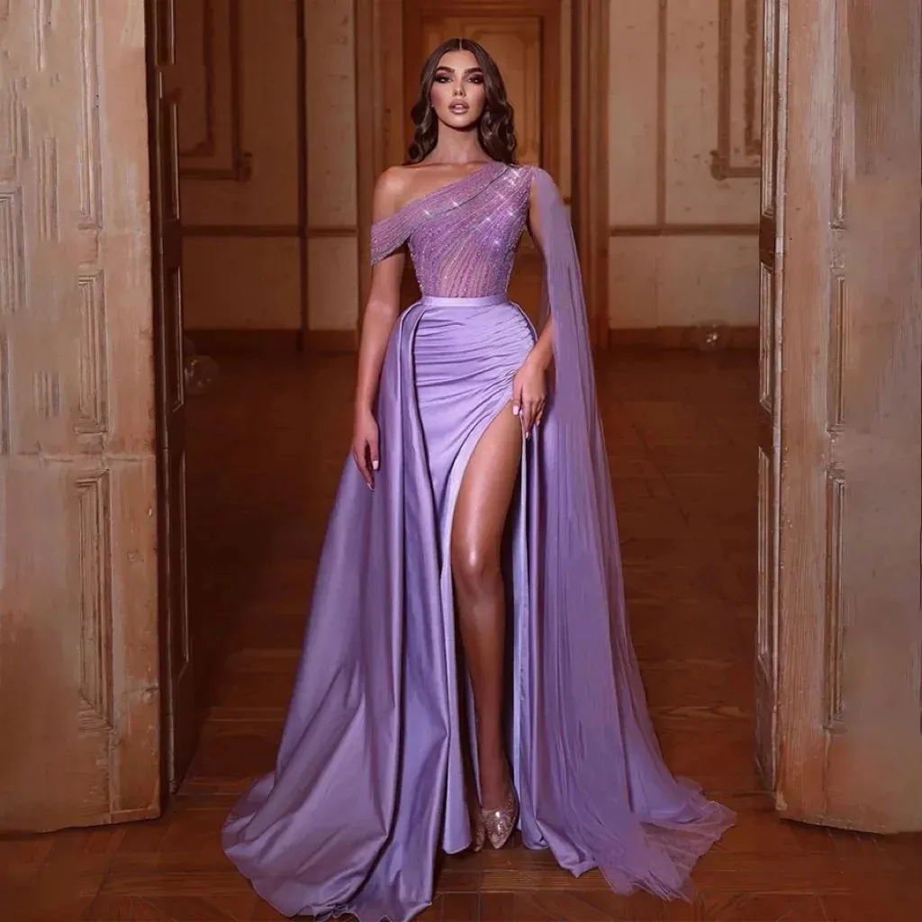 High Slit Lavender Sexy Robes de bal Sous les manches de capes de cape Boues de fête formelles perles Top Elegant Arabe Toile Robe For Women