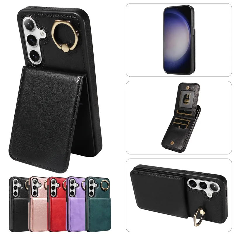 Metal Parmak Yüzük Tutucu Deri Deri Cüzdan Kılıfları İPhone 15 Plus 14 Pro Max 13 12 11 X XR XS 8 7 Lüks Moda Kimliği Kart Paketi Pocket Flip Telefon Geri Kapak Kickstand Cilt