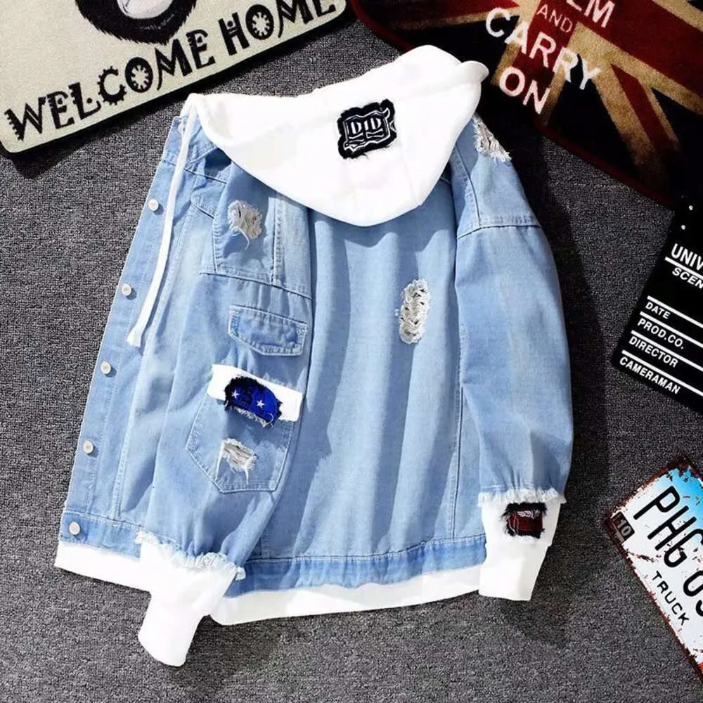 Spring And Autumn Season Splicing Fake Two Denim Jackets For Men's Korean Version Trend Versatile Loose Fitting Work Clothes Hooded Casual Jacket Trend