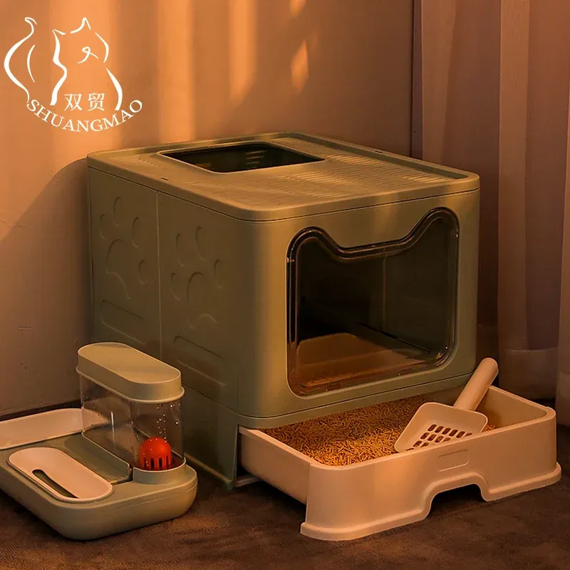 Boîtes de toilette pliables pour animaux de compagnie, bac de lit anti-éclaboussures pour chats et chiens, plateau avec cuillère, déodorant pour chaton, toilettes propres, fournitures de boîte de sable en plastique