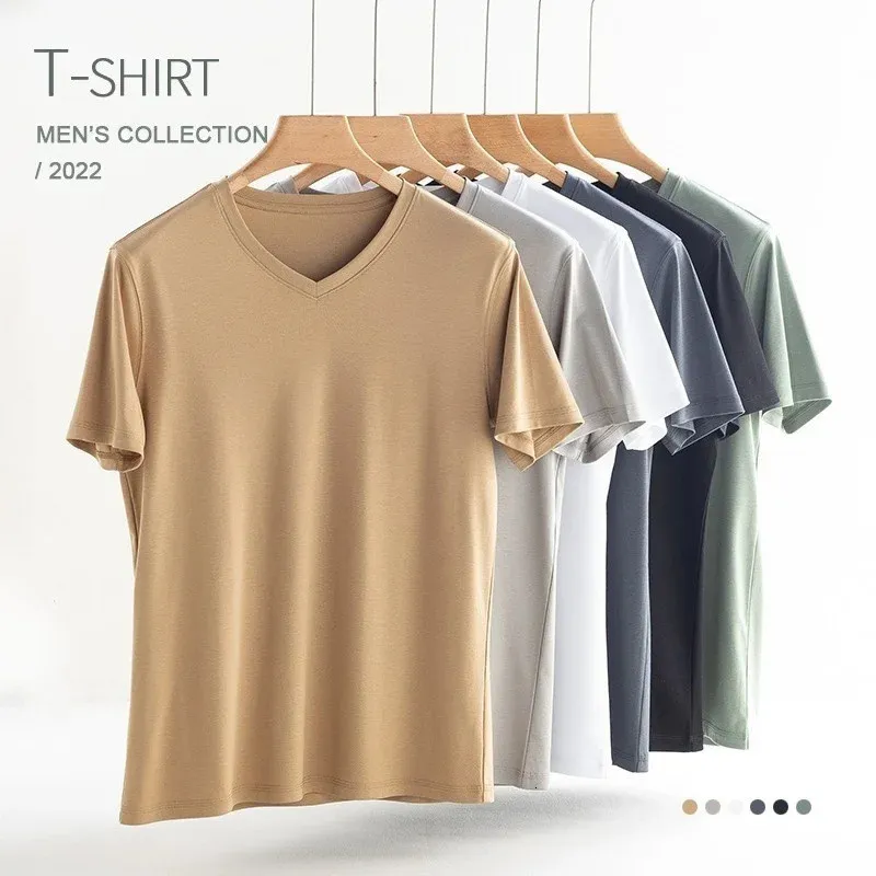 Summer Men Silk Silk Mercerited Cotton T Shirt V-Neck Lose krótkie rękawowe T-shirty 7%jedwab 240227