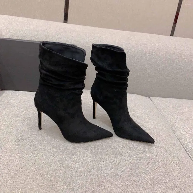Сапоги, плиссированные женские туфли с острым носком, замшевые туфли без шнуровки на высоком каблуке, пикантные ботильоны, Botas Mujer, размер 35-40