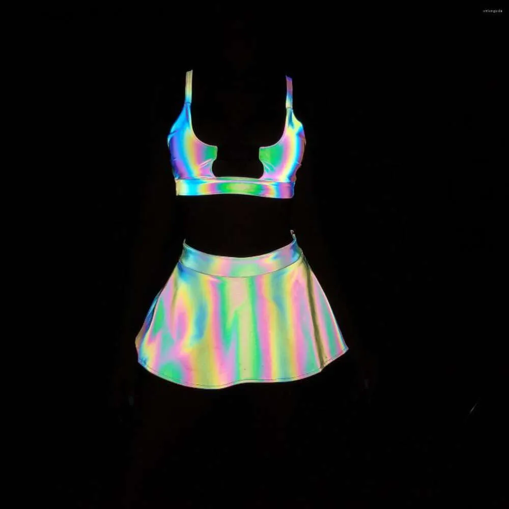 Damen-Badebekleidung, Regenbogen, reflektierend, für Damen, Rave-Badeanzug, Sommer, 3-teiliges Bikini-Set, Rock, Mini-Dreieck-Schnalle, BH-Oberteil, Badebekleidung, eng anliegend''gg''UYWJ