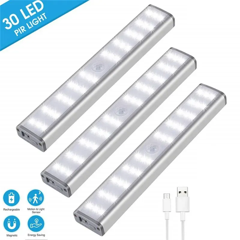 30 LED Rechargeable Closet Light Dimmable Wireless Motion Sensor LED Under Cabinet Lighting For Stair Hallway Cupboard Wardrobe Closet