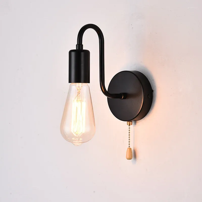 Wall Lamp Black American Style With Pull Switch Entrance Hallway Light Study Room Lighting Bedside Deco Lights