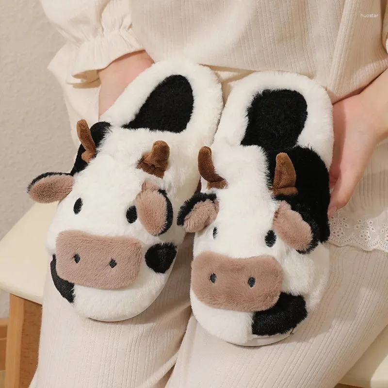 Slippers Women Cute Cow Cartoon Winter Fashion Animal Indoor Warm Home Plush Non Slip Platform Cotton Shoes 2024