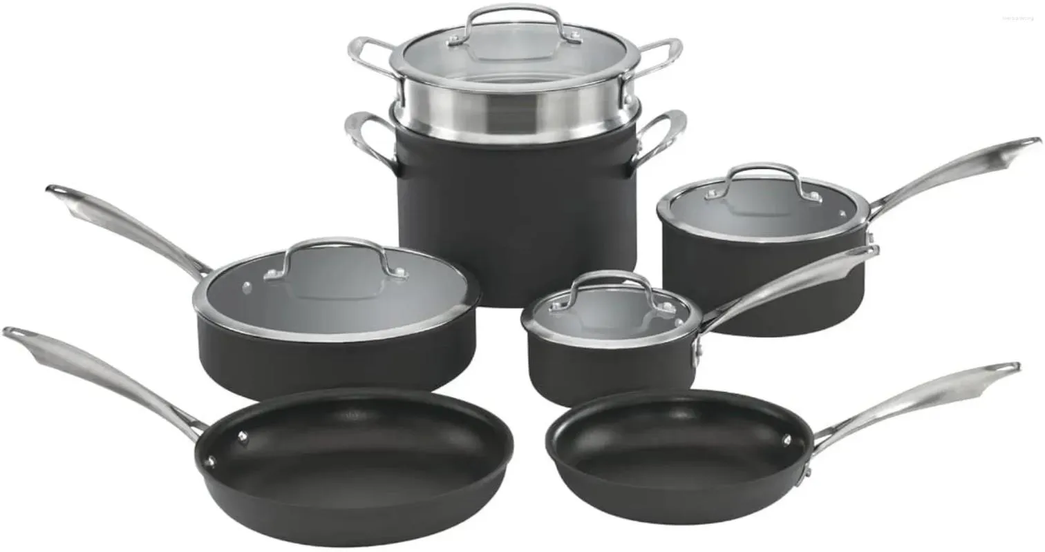Kookgerei Sets Cuisinart Geanodiseerd 11-delige set Vaatwasmachinebestendig-Hard Zwart Keuken Non-stick Kookpot Potten Voor