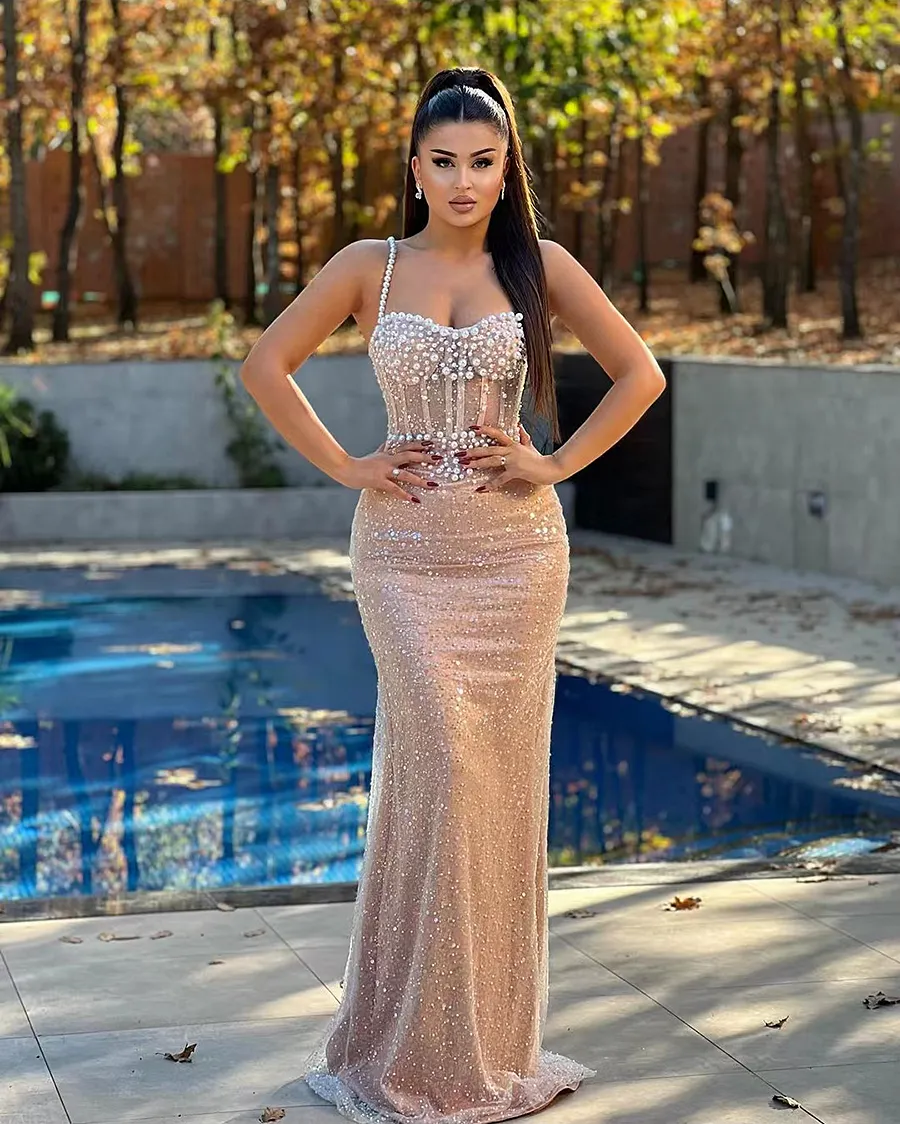 Illusion Robe Arabia Caramel Beads Sequined Party Dress Spaghetti Straps Pearl Evening Dresses 2024 For Women Prom Clows