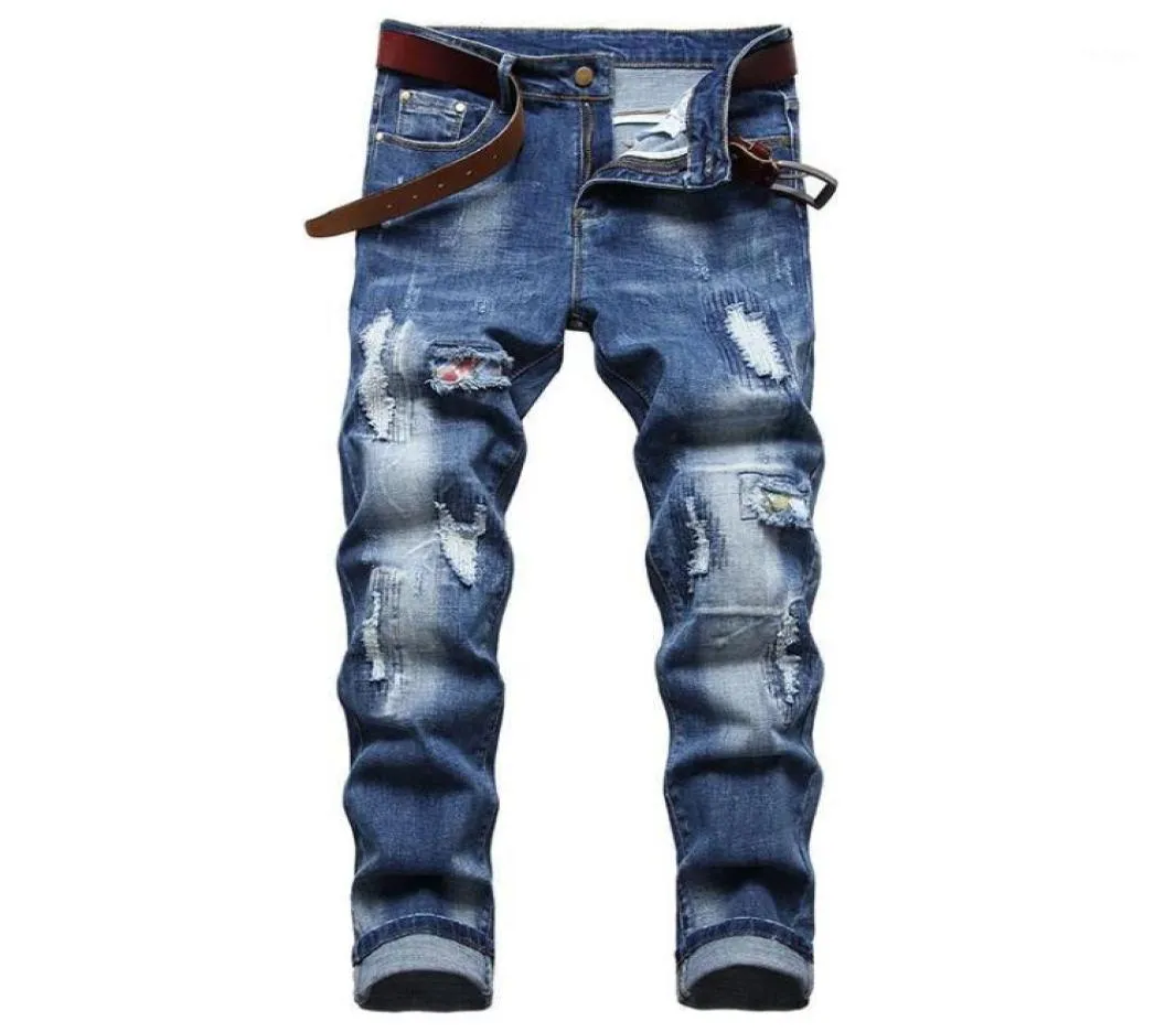 Мужские эластичные джинсы с вышивкой и морщинистыми краями, приталенные, маленькие, прямые, светло-голубые, Nostalgic2828403