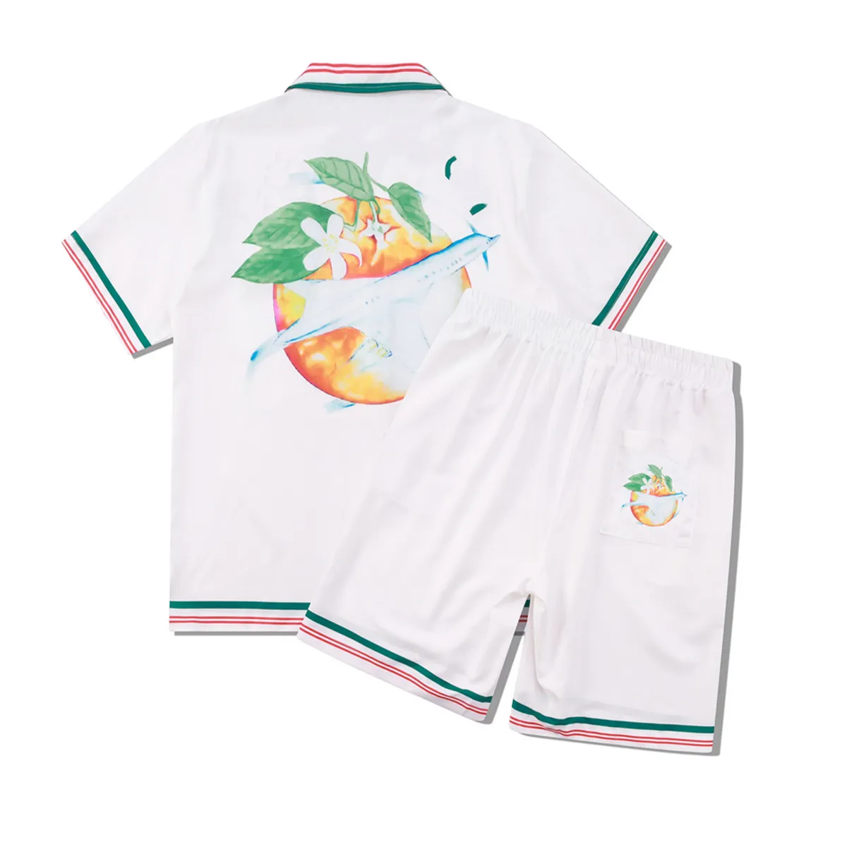 Survêtement Hip-hop bomb street Cardigan boutonné revers en V profond haut à manches courtes short ample respirant confort d'été sport Beach volley couleur design blanc