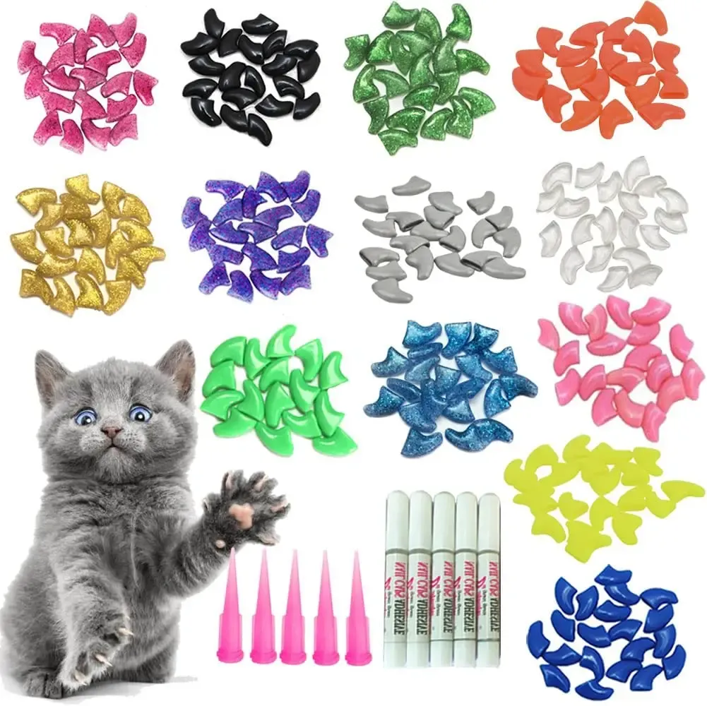 Grooming 100st Cat Nail Caps/Tips Pet Cat Kitty Soft Claws Cover Control Paws of 10 Nails Caps och 5st Adhesive Glue 5 Applicator