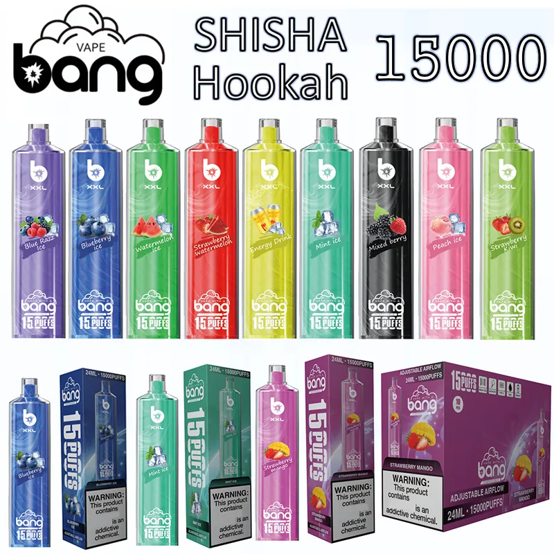 원래 Bang XXL Hookah 15000 퍼프 일회용 전자 담배 13 맛 선택 0% 2% 3% 5% 조절 가능한 공기 흐름 충전식 배터리 vape 펜