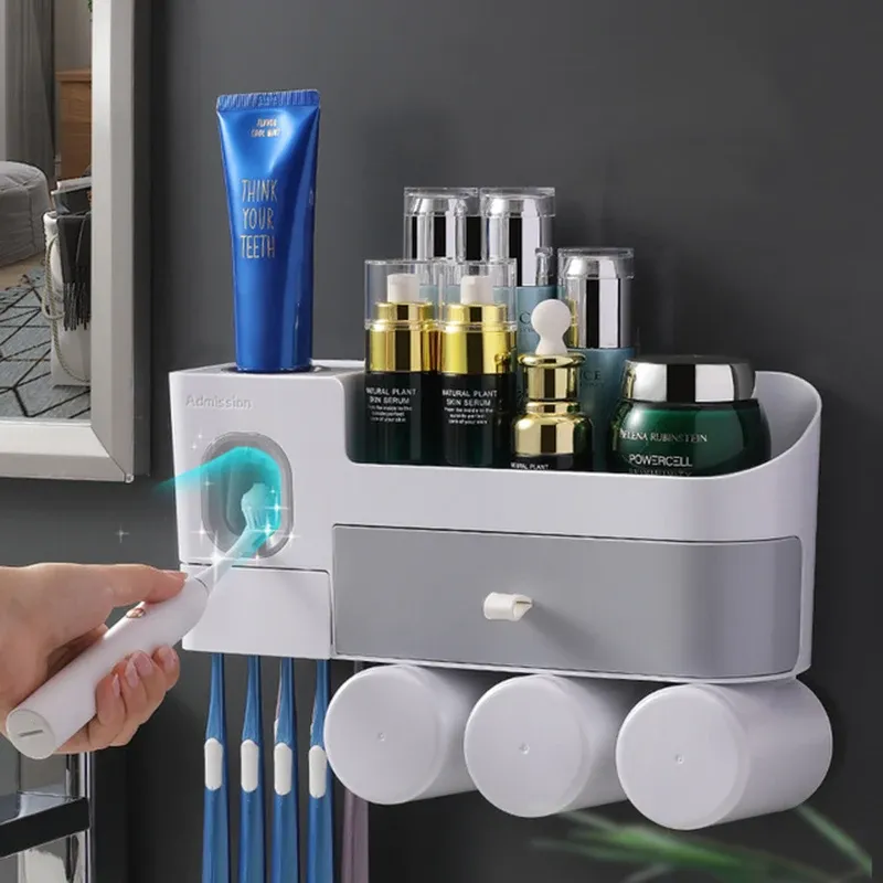 Supporti Porta spazzolino da parete Porta spazzolino automatico Dentifricio spremiagrumi Portaoggetti con cassetto Set di accessori da bagno