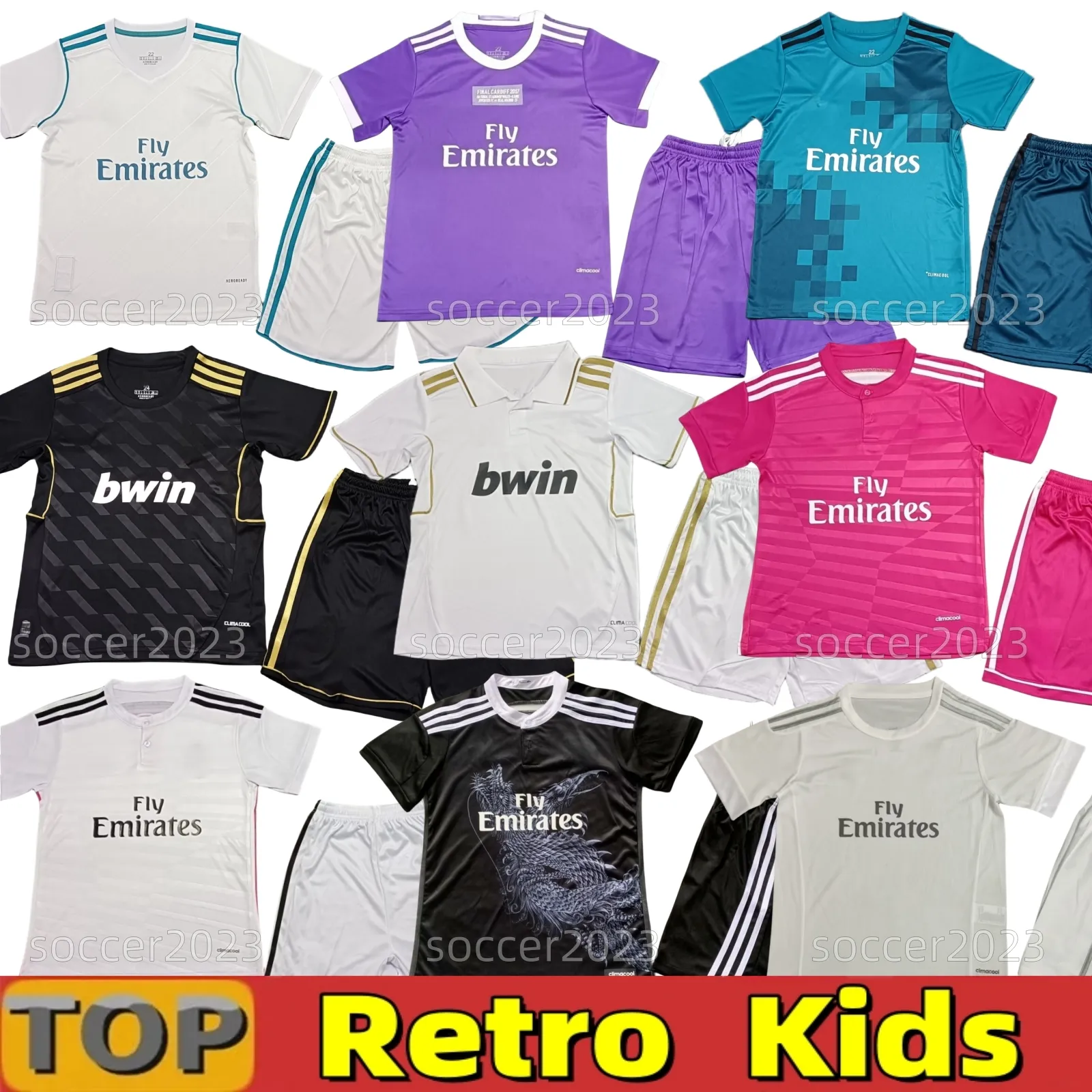 Retro Kids 16-28 REAL MADRIDS SOCCER Jerseys Kaka Guti Ronaldo Ramos 11 12 14 15 16 17 18 Benzema Zidane Beckham Raul Vintage Figo Vin Jr Seedorf Football Kit