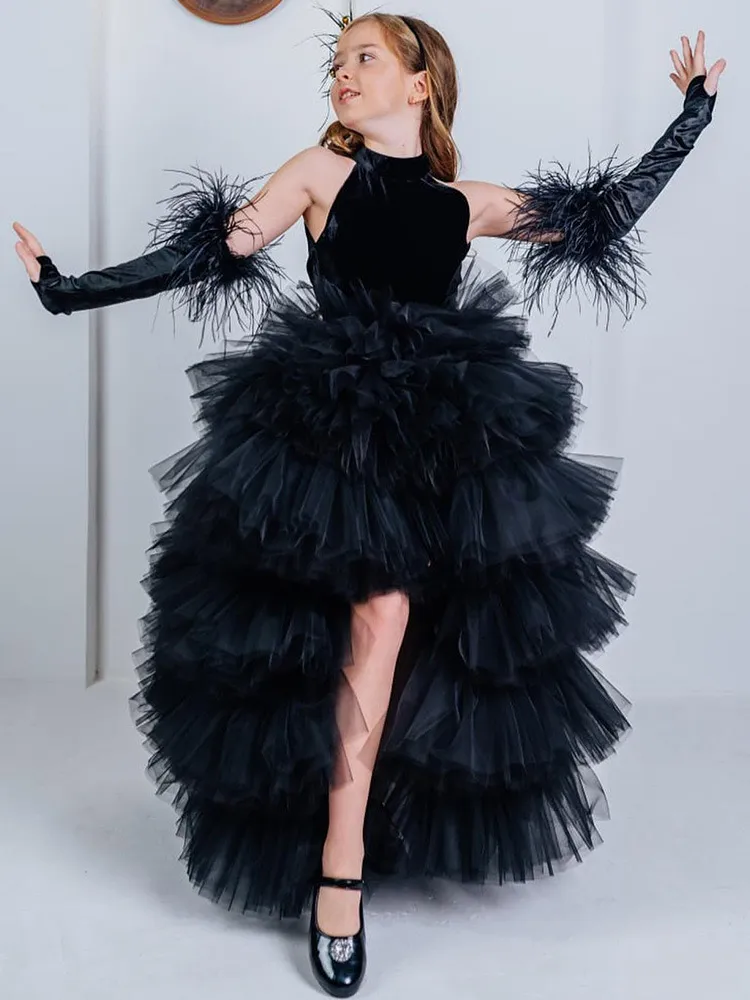 Childrens black feather lace dress with asymmetrical hemline for Easter and  christening from Dhgate Flower Girls' Dresses - price 326.82