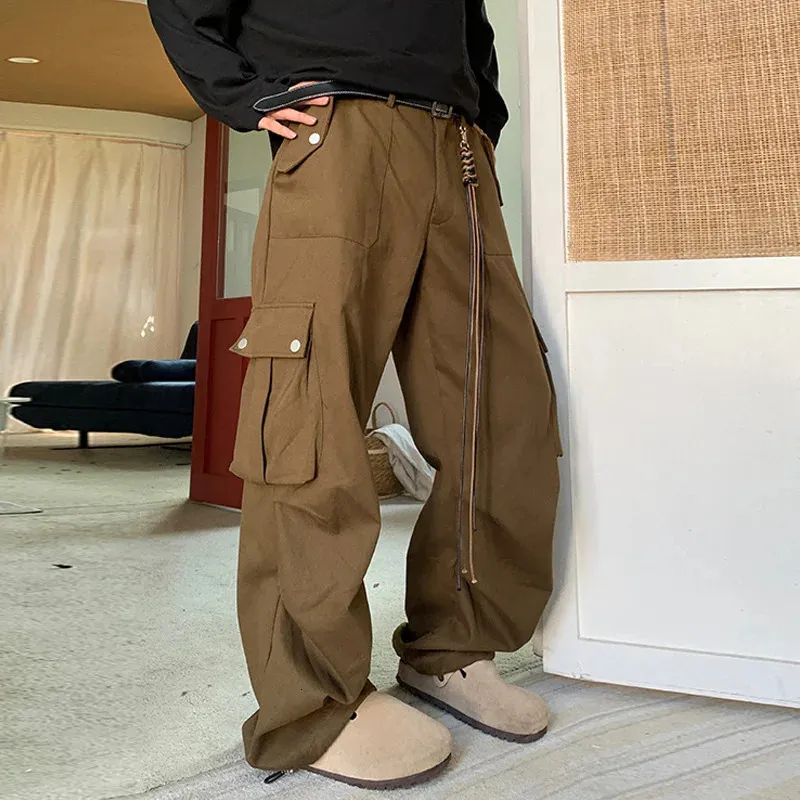 【BAON】Lekid Bijo Pocket Wide Pants Korean Style Brown Y2K Brown Baggy Cargo Pants For Men Wide