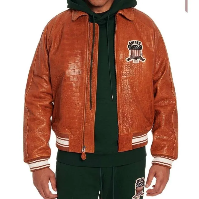 Orange Sheepskin Leather Bomber Jacket for Men Genuine Alligator