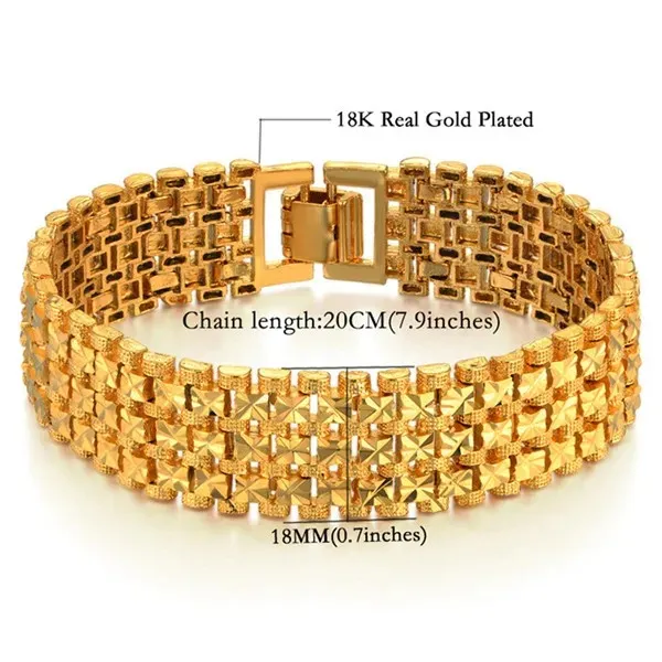 Mens 20CM Thick Link Bracelet: 14K Gold Plated Stainless